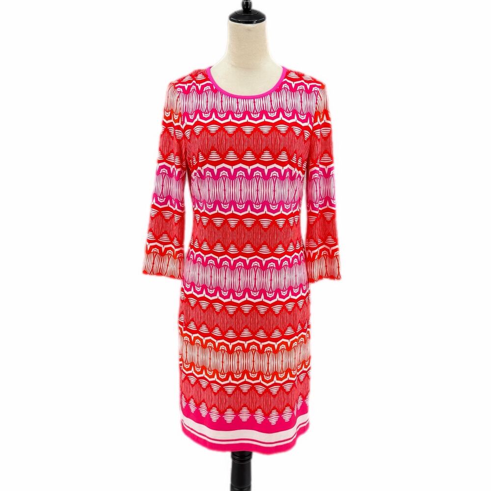 Eliza J Geometric Red White & Pink Stripe Pattern Jersey 3/4 Sleeve Shift Dress